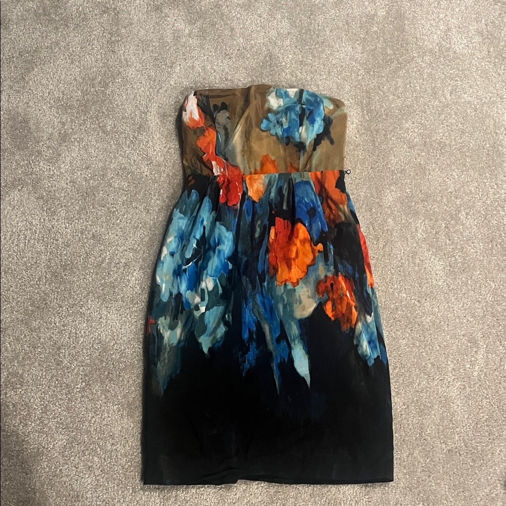 Moulinette Soeurs Strapless Dress in Blue and Orange Floral